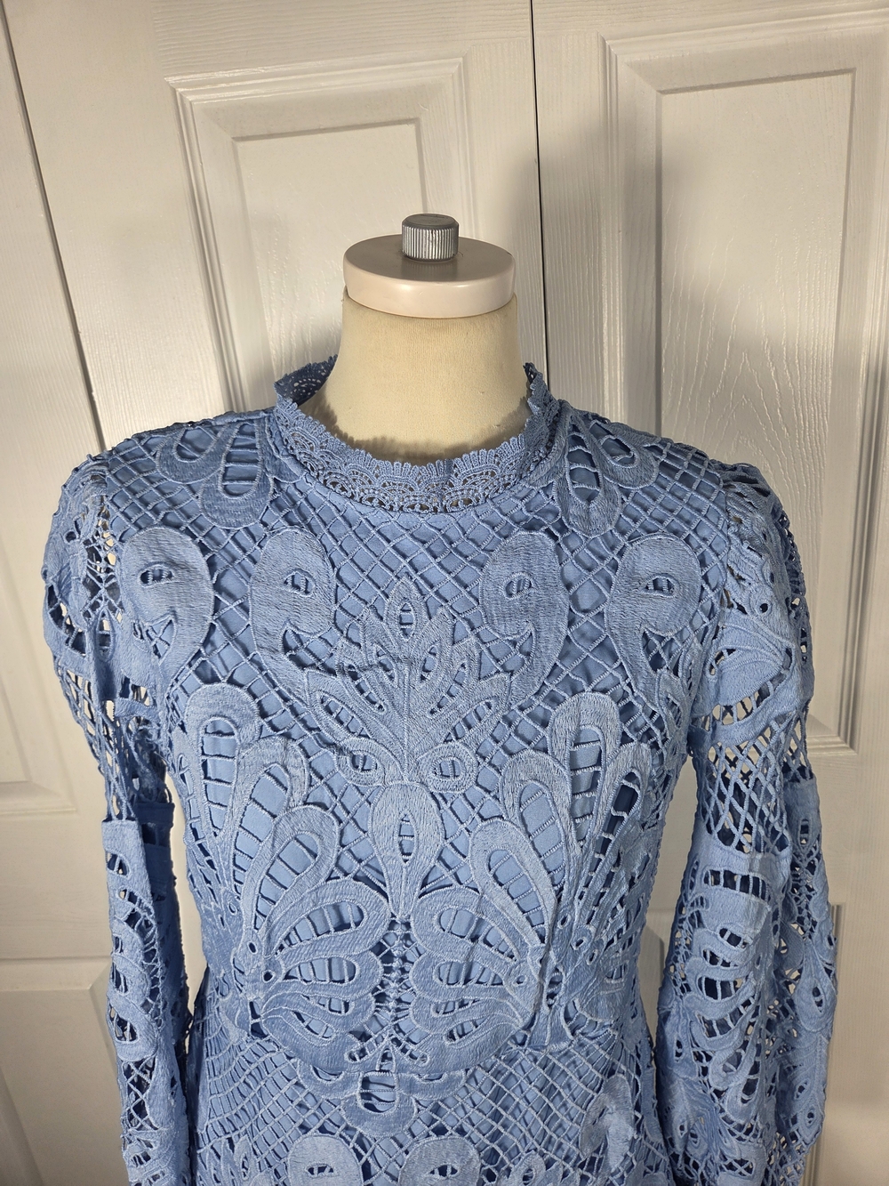 AQUA Blue Lace Mock Neck Long Sleeve Mini Dress Size L Romantic Ruffle Hem - Picture 3 of 10